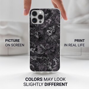 May include: A phone case with a dark gray and white skull and bone pattern. The case has a clear border and the text "PICTURE ON SCREEN" and "PRINT IN REAL LIFE". The text "COLORS MAY LOOK SLIGHTLY DIFFERENT" is also visible.