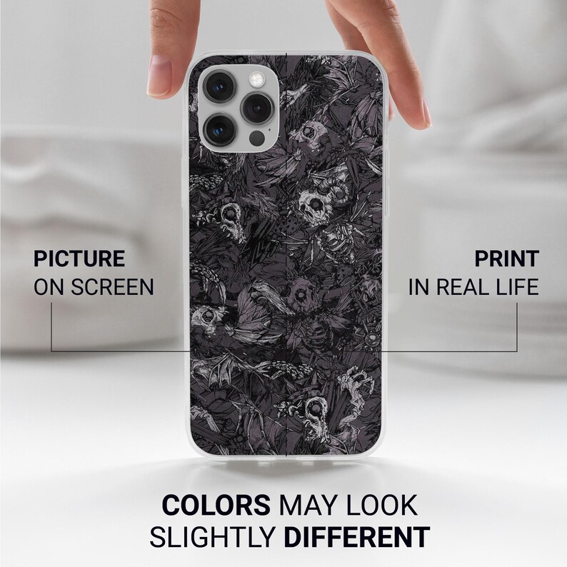 May include: A phone case with a dark gray and white skull and bone pattern. The case has a clear border and the text "PICTURE ON SCREEN" and "PRINT IN REAL LIFE". The text "COLORS MAY LOOK SLIGHTLY DIFFERENT" is also visible.