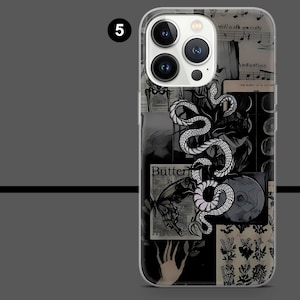 May include: A clear phone case featuring a collage design with a white snake, butterfly, and floral elements. The background includes sheet music and newspaper clippings. The case has a black and white color scheme.