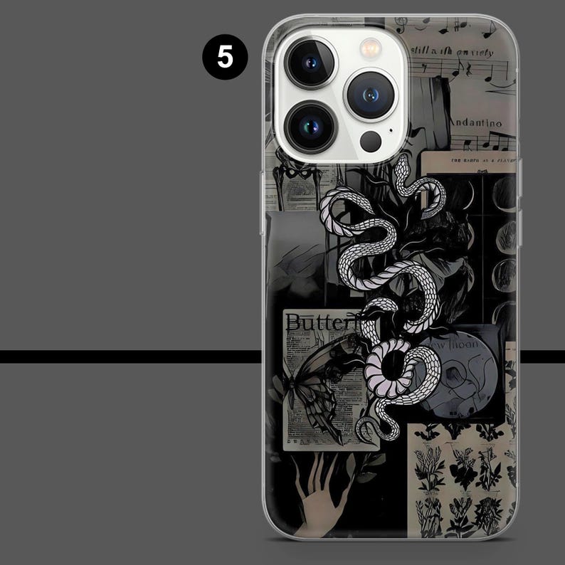 May include: A clear phone case featuring a collage design with a white snake, butterfly, and floral elements. The background includes sheet music and newspaper clippings. The case has a black and white color scheme.