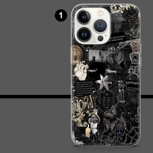 May include: A black and white phone case with a collage design. The design includes a human heart, a lily, a skeleton, and the text "CE DAY OUTSIDE, I'LL WEAR BLACK". The case has a clear border.