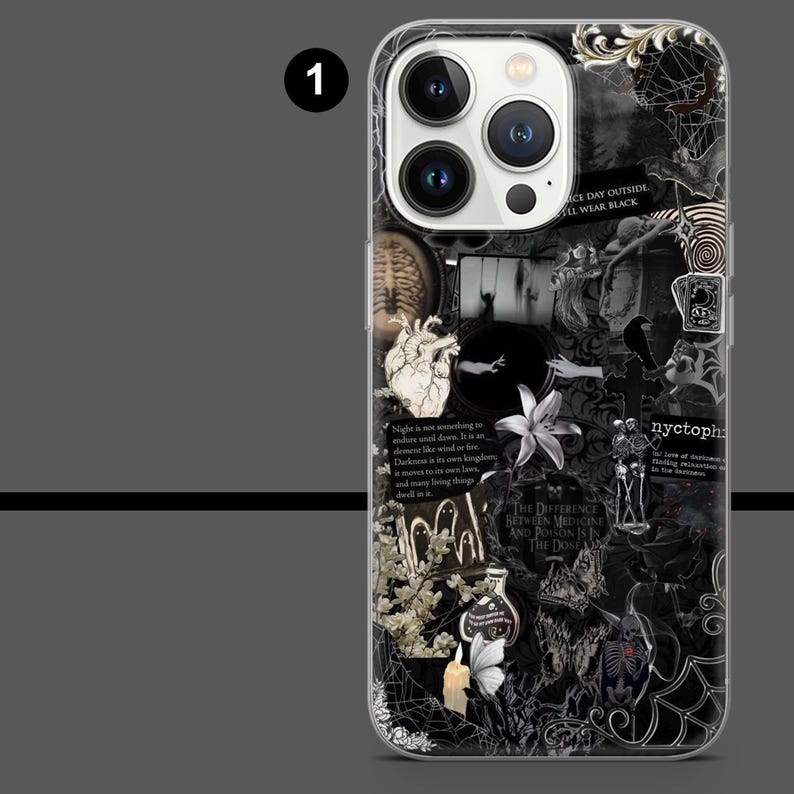May include: A black and white phone case with a collage design. The design includes a human heart, a lily, a skeleton, and the text "CE DAY OUTSIDE, I'LL WEAR BLACK". The case has a clear border.