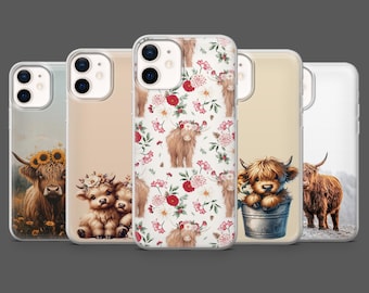 May include: A collection of phone cases featuring Highland cows. Designs include a cow with a sunflower crown, a trio of calves, a cow in a bucket, and a cow with a floral pattern. The cases are in various shades of beige and white.
