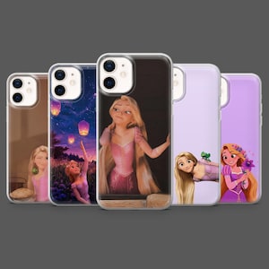 Könnte beinhalten: Eine Sammlung von fünf Handyhüllen mit der Zeichentrickfigur Rapunzel. Jede Hülle zeigt ein anderes Bild von Rapunzel in verschiedenen Posen und Umgebungen, mit einer transparenten Schutzhülle.