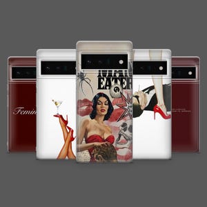 May include: A collection of phone cases with retro-style pin-up art. The cases feature images of a woman in a red dress, a martini, a skull, and the text "Vamp Eater". The cases are in shades of red, white, and brown.