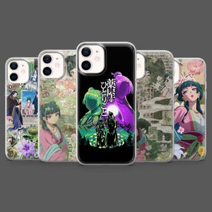 May include: A collection of five phone cases featuring anime-style illustrations. The cases showcase various designs with characters in traditional Japanese attire, floral patterns, and Japanese text. The color palette includes pink, green, purple, and black.