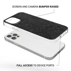May include: A clear phone case with a black textured back, designed to protect the screen and camera. The case is shown over a silver phone, with the text "SCREEN AND CAMERA BUMPER RAISED" and "FULL ACCESS TO DEVICE PORTS".