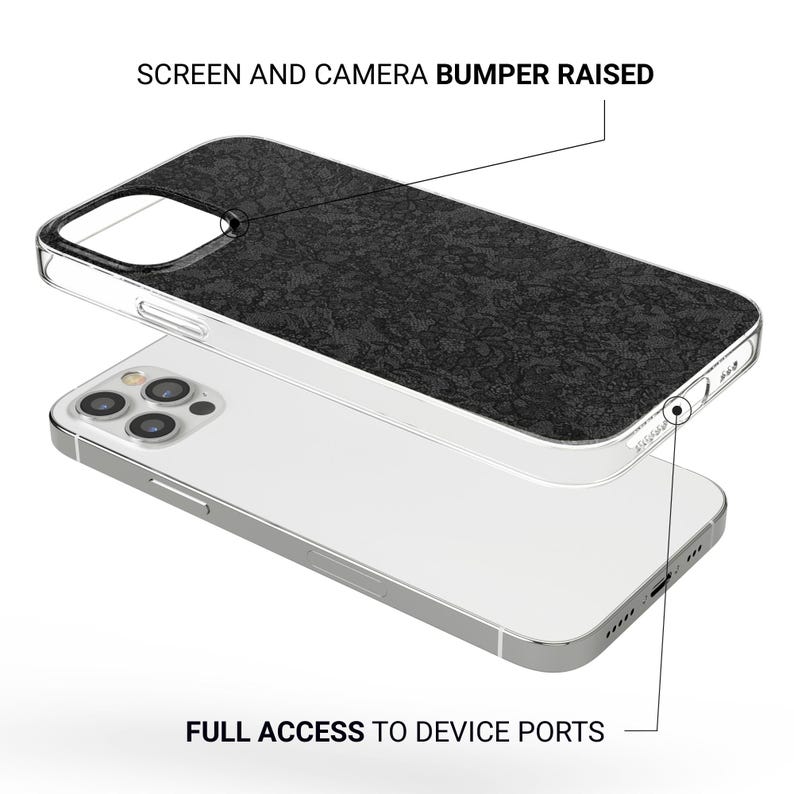 May include: A clear phone case with a black textured back, designed to protect the screen and camera. The case is shown over a silver phone, with the text "SCREEN AND CAMERA BUMPER RAISED" and "FULL ACCESS TO DEVICE PORTS".
