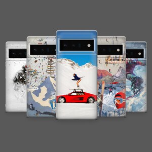 May include: A collection of phone cases featuring winter sports themes. Designs include a skier on a red sports car, vintage ski resort maps, and a snowboarder. The cases have a glossy finish and a protective bumper.