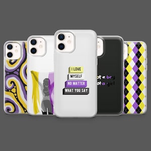 May include: A collection of iPhone cases with various designs. One case features a person holding a non-binary pride flag. Another case has the text "I LOVE MYSELF NO MATTER WHAT YOU SAY". Other cases have abstract patterns and text.