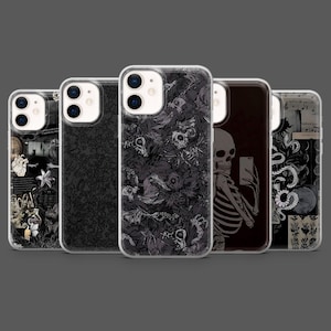 May include: A collection of five phone cases with various dark, gothic-themed designs. The cases feature images of skulls, floral patterns, and a skeleton taking a selfie. The cases are in shades of black, gray, and white.