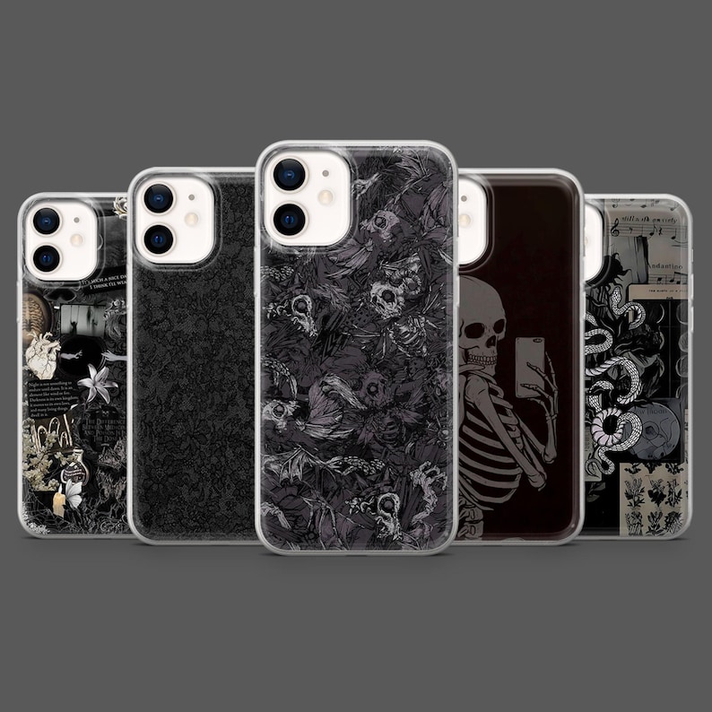 May include: A collection of five phone cases with various dark, gothic-themed designs. The cases feature images of skulls, floral patterns, and a skeleton taking a selfie. The cases are in shades of black, gray, and white.