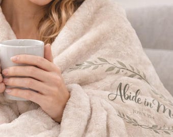 Manta con versículos bíblicos cristianos – Juan 15:4 Permanezcan en mí. Manta de fe.