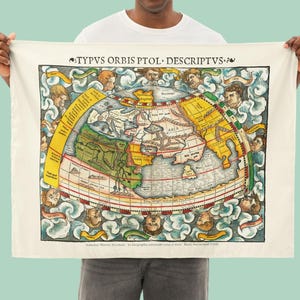 Ptolemaic World Map Tapestry – Renaissance Woodcut by Sebastian Münster (36 × 26 in)