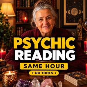 Puede incluir: Un gráfico digital que muestra a una persona con un suéter granate y el texto PSYCHIC READING SAME HOUR NO TOOLS. La imagen incluye velas, una baraja de cartas del tarot y varios cristales sobre una mesa de madera, con una estantería al fondo.