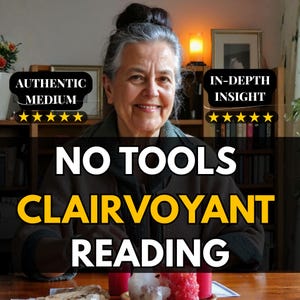 Peut inclure: Une femme âgée souriante aux cheveux gris est au centre de l'image, avec le texte "NO TOOLS CLAIRVOYANT READING". L'image comprend également les phrases "AUTHENTIC MEDIUM" et "IN-DEPTH INSIGHT" avec des évaluations par étoiles.