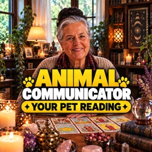 May include: A person with grey hair sits behind a wooden table covered in tarot cards, candles, and crystals. The text ANIMAL COMMUNICATOR YOUR PET READING is displayed in bold yellow and white letters over the centre of the image.