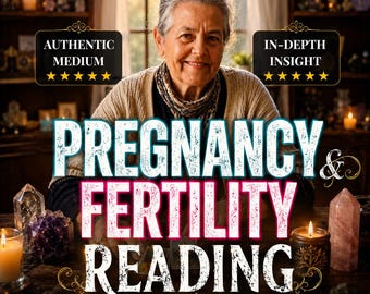 May include: A digital graphic featuring an older person with gray hair, centered behind text that reads PREGNANCY & FERTILITY READING. The image includes two black rectangular labels with gold stars and the text AUTHENTIC MEDIUM and IN-DEPTH INSIGHT.