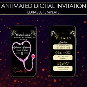 以下が含まれることがあります： 黒い背景にアニメーション化されたデジタル招待状テンプレート。招待状には、「Victoria Simpson, 2026年クラス」というテキストが入ったピンク色の聴診器のデザインが施されています。詳細には、日付、時間、場所、RSVP情報が含まれています。