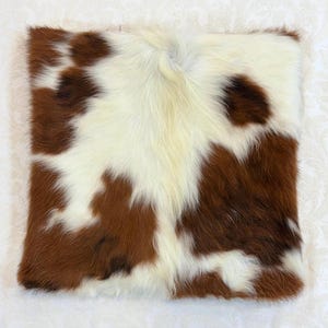 Può includere: Cuscino quadrato in pelle di mucca con un motivo naturale di macchie marroni e bianche. La pelliccia è morbida e soffice, creando un aspetto rustico e strutturato. Il cuscino è probabilmente utilizzato per l'arredamento della casa.