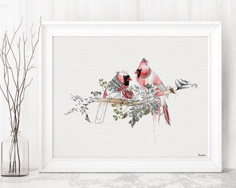 Cardinal Watercolor Print, Bird Art, Watercolor Painting, Wall Art Print,  Fine Art Prints, Birds Painting, Red Cardinals Watercolor Art