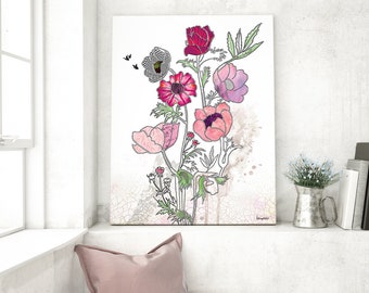 Pink Flowers Art, Pink Art Print, Watercolor Flower Painting, Flowers Artwork, Living Room Art Print, Flower Bouquet Art, Floral Wall Art