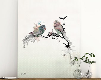 Love birds art, watercolor art, Bird illustration, Love birds painting, 11x14 print