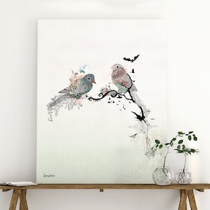May include: A rectangular wall art print featuring two birds perched on a black branch. The birds are decorated with intricate, colorful patterns in shades of blue, pink, and green. The background is a soft white fading into a light green dotted pattern.