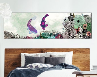 Arte mural bohemio, pintura de peces koi, lámina artística colorida, arte para dormitorio, arte mural panorámico, decoración del hogar bohemia, pintura colorida, pintura grande