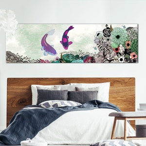 Boho Wall Art, Koi Fish Painting, Colorful Art Print, Bedroom Art, Panoramic Wall Art, Boho Home Decor, Colorful Painting, Large Painting