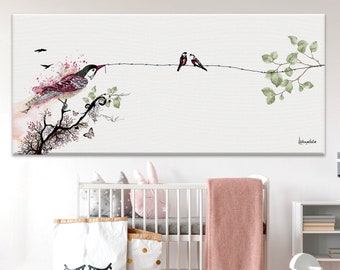 Large Nursery Wall Art, Whimsical Bird Art, Nursery Decor Girl, Canvas Nursery Wall Decor, Whimsical Art, Large Wall Art, Pink Nursery Art