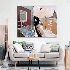 Kissing Couple Romantic Painting, Romantic Wall Decor, Bedroom Art Decor, Romantic Wall Art Print, couple in love painting image 2