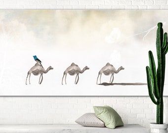 Home Decor Wall Art, Camels Watercolor Painting, Horizontal Wall Art, Large Canvas Print, Pastel Wall Art, Desert Art, Living Room Wall Art