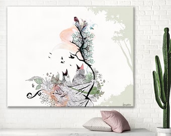 Birds Large Wall Art Print, Original Watercolor Painting, Extra Large Canvas Print, Art for Living Room, Large Wall Art, Original Artwork