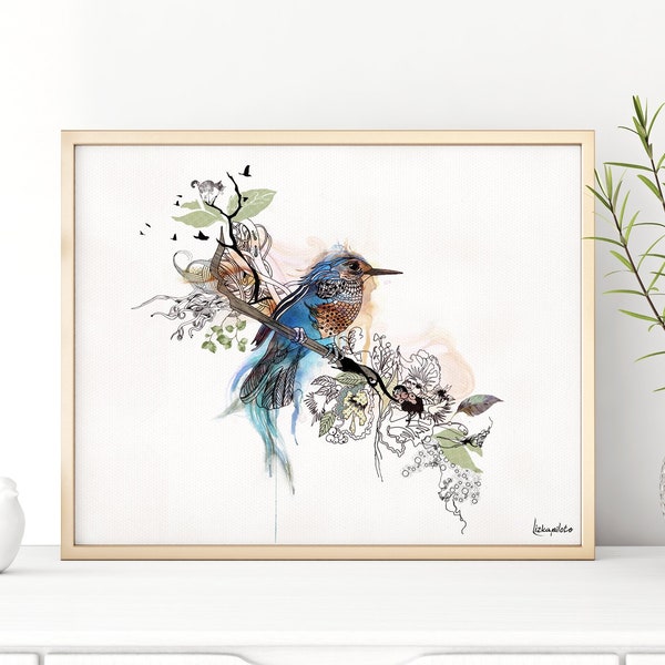 Blue Bird Wall Art Print, Original Watercolor Painting, Art Print Watercolor, Bird Painting, Bird Watercolor Wall Art, Blue Bird Print