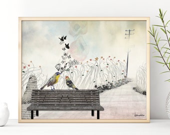 Birds Wall Art, Birds Collage Art, Romantic wall art, Wedding Gift, Collage Print, Birds Artwork, Romantic Painting