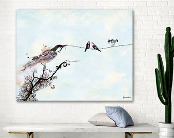 Birds on a Wire, Love Birds Art, Bird Original Drawing, Bird illustration, Ink drawing, 11x14 art print, Birds Painting