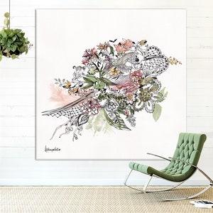 May include: A black and white abstract floral illustration with pink, green, and yellow accents. The illustration is on a white background and has a delicate, whimsical feel.