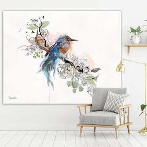 Bird Canvas Art, Large Canvas Print, Original Watercolor Painting, Blue ...