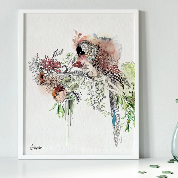 Arte de aves, dibujo a tinta de loro, arte colorido, pintura de aves en acuarela, arte mural tropical colorido, impresión botánica en lienzo