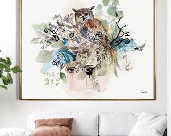 フクロウの壁掛けアートプリント、神秘的なアート、植物ファンタジーアート、気まぐれな自然の装飾、大きなフクロウの絵画、シュールな壁掛けアート、フクロウ好きへのギフト
