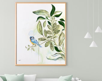 Bluebird Watercolor Painting, Bird Art Print, Tropical Wall Art, Farmhouse Wall Art, Bird Artwork, Tropical Large Painting, Minimalist Art