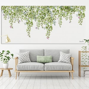 Extra Große Wandkunst, Blätter Aquarell, Große Wohnzimmer Wandkunst, Grüne Blätter Druck, Große Leinwand Kunst, Horizontale Wandkunst