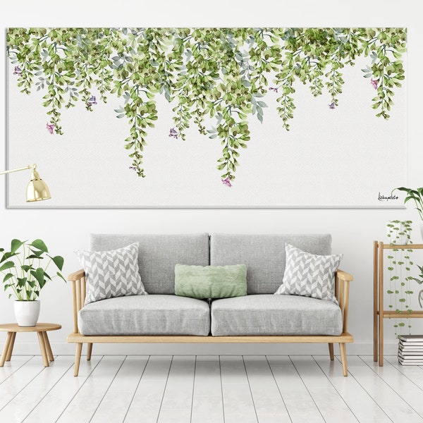 Extra Large wall Art, Leaves Watercolor Painting, Large Living Room Wall Art, Green Leaves Print, Large Canvas Art, Horizontal Wall Art