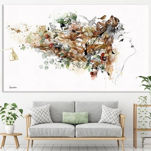 A watercolor painting of a woman's face with flowers and birds in her hair. The background is white with splashes of color.