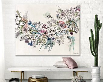 Pintura de lienzo grande, obras de arte modernas de flores, impresión de arte original, arte de sala de estar, impresión de arte floral, dibujo de tinta floral, flores de tinta