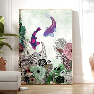 May include: A rectangular wall art print featuring two koi fish swimming in a light green water background above a dense arrangement of black, white, and pink floral illustrations. The artwork is framed in a thin gold border and displays intricate patterns.