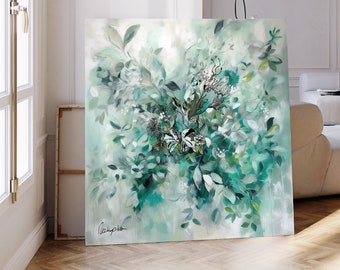Green Abstract Painting, Sage Green Wall Art, Large Wall Art Canvas for Living Room, Green Abstract Forest Art, Oversized Wall Art Tropical