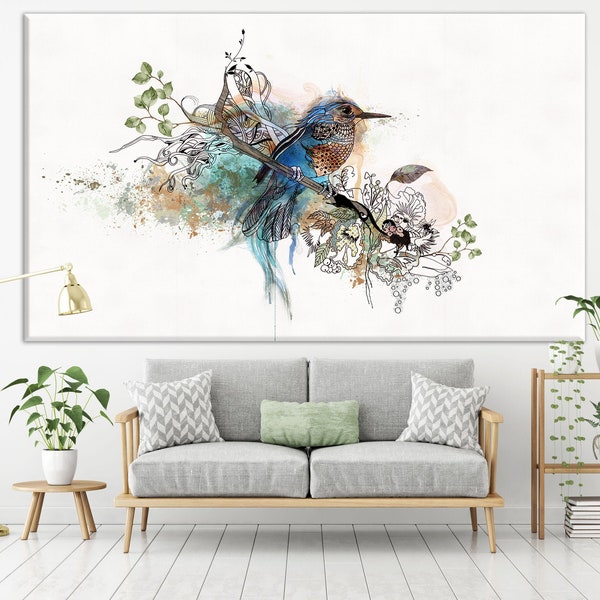Blue Bird Painting, Extra Large Wall Art, Original Watercolor Painting, Large blue painting, Large Canvas Art, Living Room Wall Art Canvas