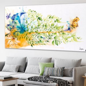 Watercolor painting of a floral arrangement with blue, green, and yellow flowers and leaves. A butterfly is flying near the flowers. The painting is on a white background.